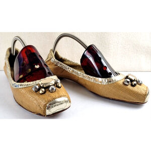 Apepazza Alvar Ballerina Flats Linen Look Gold Detail Size 8.5